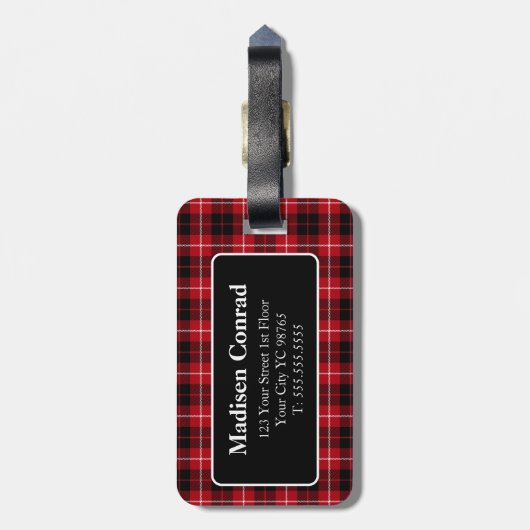 Rood Zwart Tartan Plaid Monogram Bagagelabel (Achterkant verticaal)