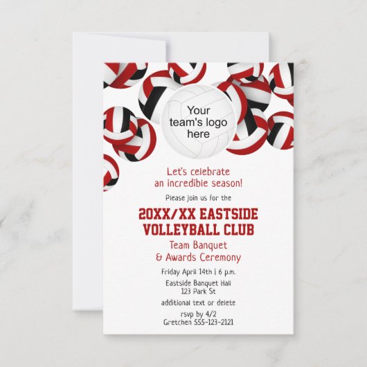 Rood Zwart Team Kleuren Volleybal Seizoen Banket Kaart (Voorkant)