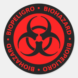 Rood & Zwart Tweetalig Biohazard Symbool Sticker