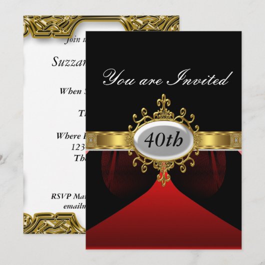 Rood Zwart Verjaardagsfeest Glamour Uitnodiging (Voorkant / Achterkant)