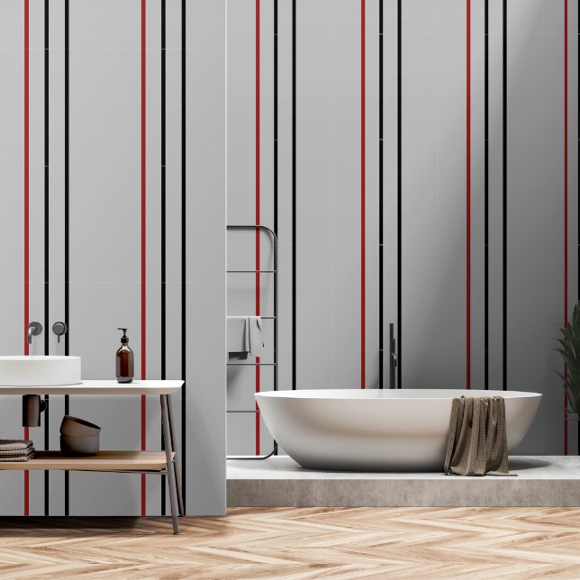 Rood Zwart Verticaal Streepgrijs Behang (Badkamer)