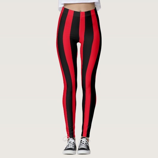 Rood & Zwart Verticale Strepen Halloween Kostuum Leggings (Voorkant)