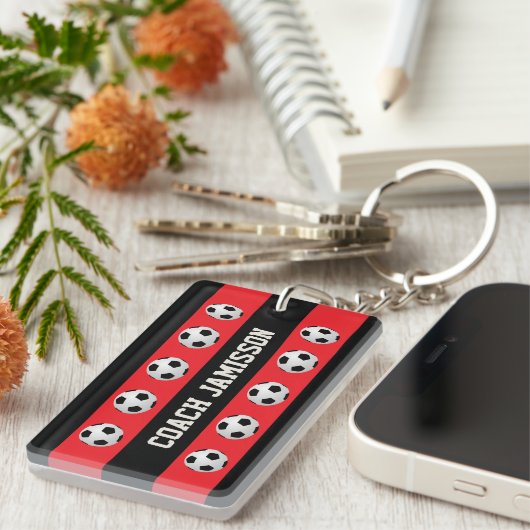 Rood & Zwart Voetbal coach Speler Naam Sleutelhanger (Voorkant Rechts)