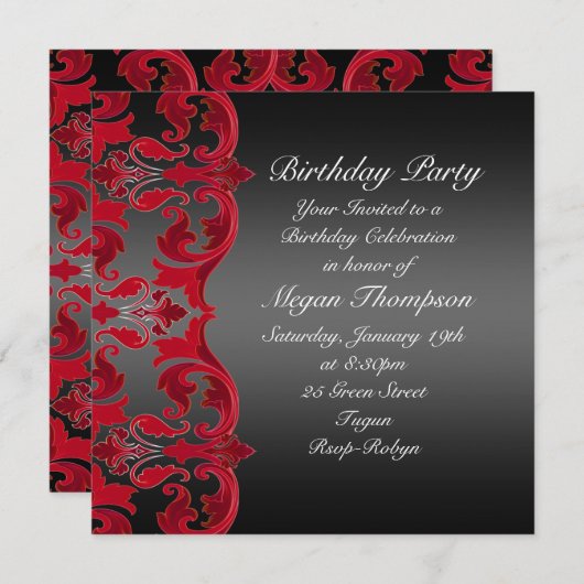 Rood/Zwart Wervelkolk Damast Verjaardag Uitnodigin Kaart (Voorkant / Achterkant)
