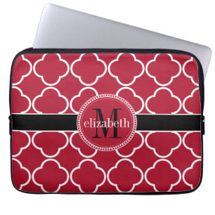 Rood Zwart White Quatrefoil Clover Monogram Laptop Sleeve