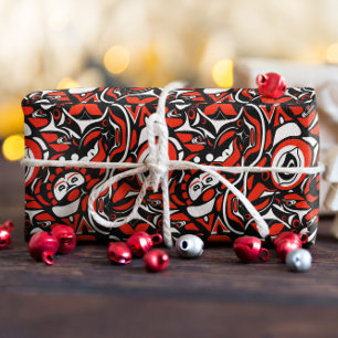 Rood Zwart Wit Abstract Haida Gezicht Inheemse Kun Cadeaupapier