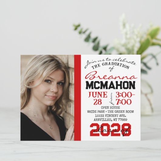 Rood, Zwart & Wit Afstuderen 2 Fotouitnodiging Kaart (Staand voorkant)