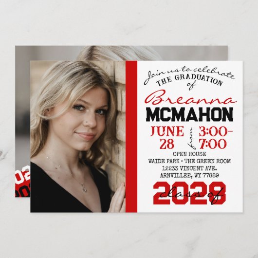 Rood, Zwart & Wit Afstuderen 2 Fotouitnodiging Kaart (Voorkant / Achterkant)