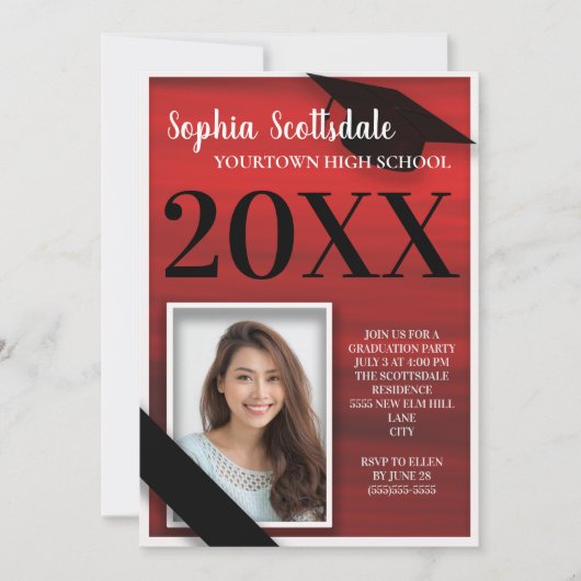 Rood Zwart-wit Afstuderen Aankondiging (Voorkant)