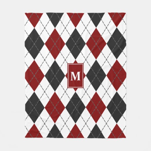 Rood Zwart Wit Argyle Plaid Monogrammed Fleece Deken (Voorkant)