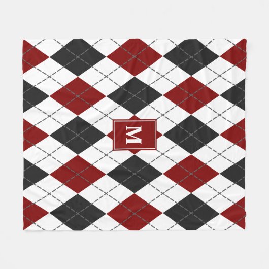 Rood Zwart Wit Argyle Plaid Monogrammed Fleece Deken (Voorkant (Horizontaal))