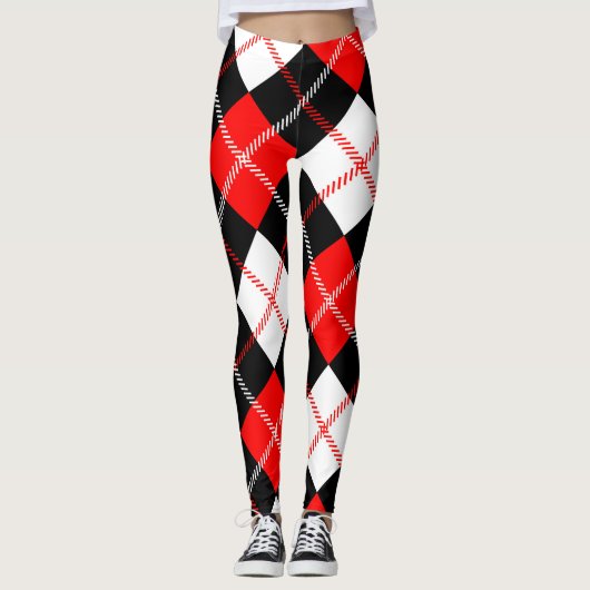 Rood Zwart Wit Argyle Schotse Ruit Leggings (Voorkant)