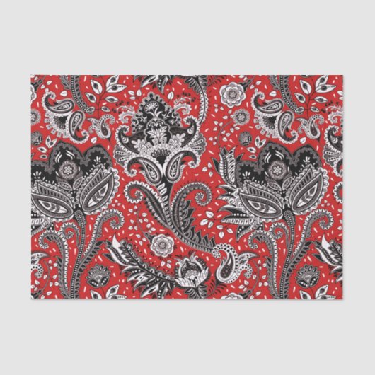 Rood Zwart & Wit Bloemmotief Paisley Boheemse Boho Tissuepapier (Voorkant)