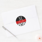 Rood Zwart Wit Bruiloft Monogram Datum Damast Seal Ronde Sticker (Envelop)