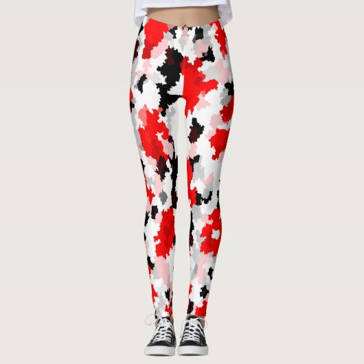 Rood Zwart Wit Camo Abstract Ontwerp Leggings (Voorkant)