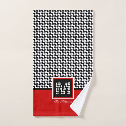 Rood Zwart Wit Ⓜ Classic Houndstooth Monogram Bad Handdoek (Handdoek)