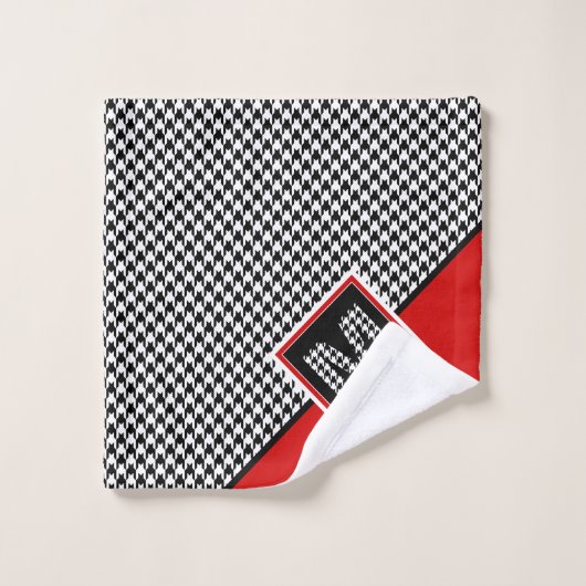 Rood Zwart Wit Ⓜ Classic Houndstooth Monogram Bad Handdoek (Wasdoekje)