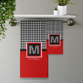 Rood Zwart Wit Ⓜ Classic Houndstooth Monogram Bad Handdoek