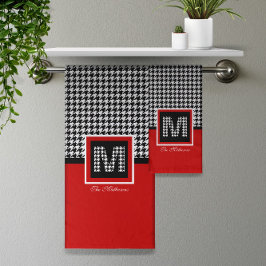 Rood Zwart Wit Ⓜ Classic Houndstooth Monogram Bad Handdoek