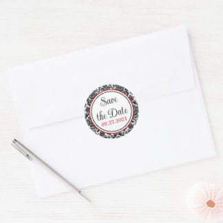 Rood, Zwart, Wit Damask Bruiloft Ronde Sticker