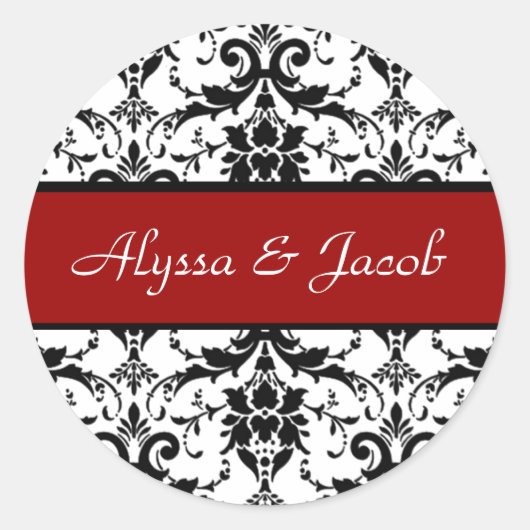 Rood Zwart Wit Damask Bruiloft V4 Ronde Sticker (Voorkant)