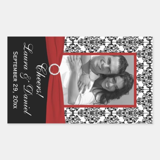 Rood, Zwart, Wit Damask Photo Wine Label Sticker (Voorkant)