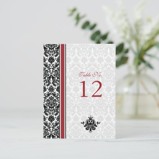Rood, Zwart, Wit Damask Tafelnummer Kaart (Staand voorkant)