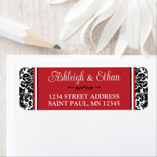 Rood, Zwart Wit Damask Trouwadres Etiket