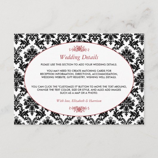  Rood, Zwart & Wit Damask Trouwdetail Informatiekaartje (Voorkant)
