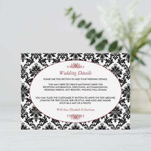  Rood, Zwart & Wit Damask Trouwdetail Informatiekaartje (Staand voorkant)