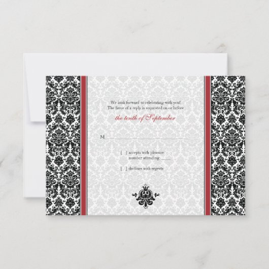 Rood, Zwart, Wit Damask Wedding Reply Kaart (Voorkant)