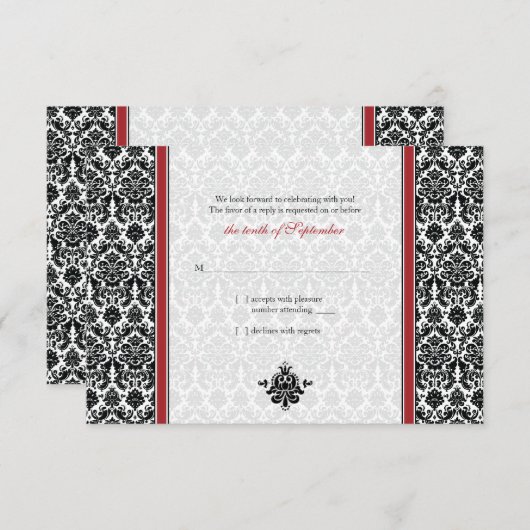 Rood, Zwart, Wit Damask Wedding Reply Kaart (Voorkant / Achterkant)