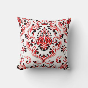 Rood Zwart-Wit Damast Bloemenpatroon Elegant Kussen