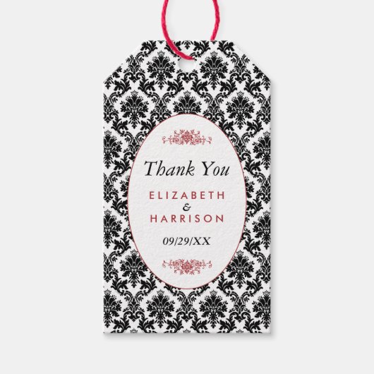 Rood, Zwart & Wit Damast bruiloft gunst Cadeaulabel (Voorkant)