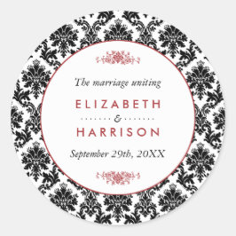 Rood, Zwart & Wit Damast bruiloft gunst Ronde Sticker