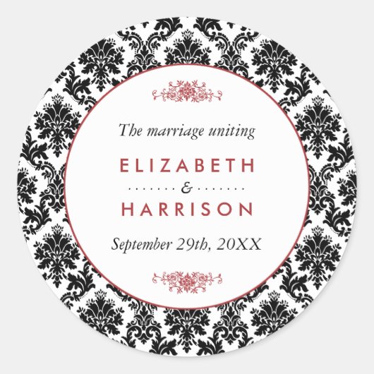  Rood, Zwart & Wit Damast bruiloft gunst Ronde Sticker (Voorkant)