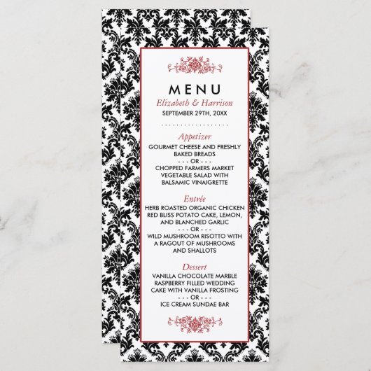  Rood, Zwart & Wit Damast Bruiloft Menu (Voorkant / Achterkant)
