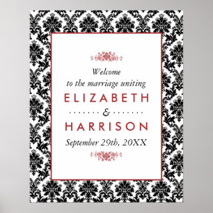  rood, zwart & wit damast bruiloft welkom poster