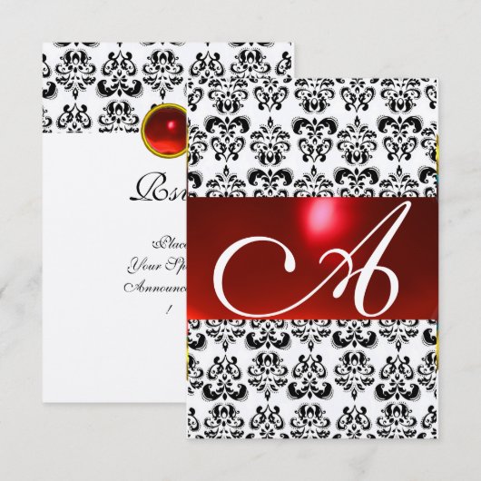 ROOD ZWART WIT DAMAST GEBOORTEMONOGRAM rsvp zilver (Voorkant / Achterkant)