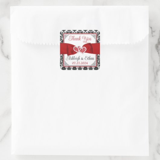 Rood, Zwart, Wit Damast Liefde Harten Bruiloft Fav Vierkante Sticker (Tas)