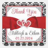 Rood, Zwart, Wit Damast Liefde Harten Bruiloft Fav Vierkante Sticker (Voorkant)