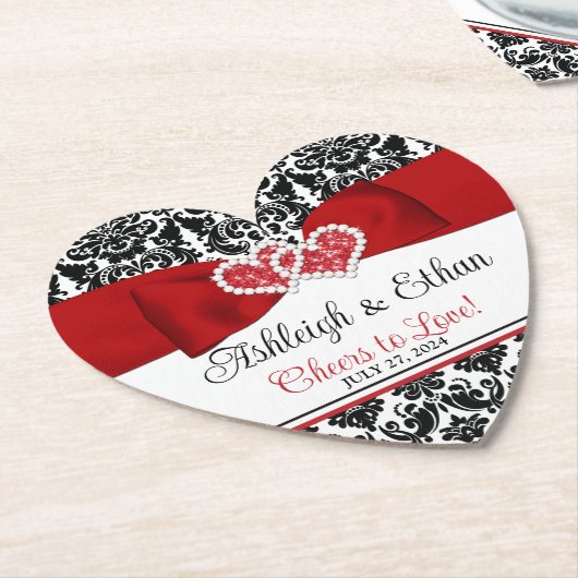 Rood, Zwart, Wit Damast Liefde Harten Bruiloft Kartonnen Onderzetters (Gekanteld)