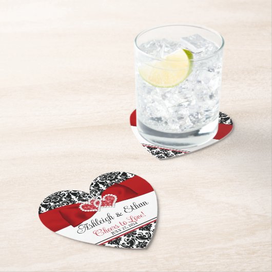 Rood, Zwart, Wit Damast Liefde Harten Bruiloft Kartonnen Onderzetters (Insitu)