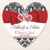 Rood, Zwart, Wit Damast Liefde Harten Bruiloft Kartonnen Onderzetters (Voorkant)