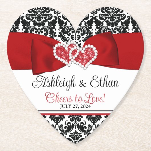 Rood, Zwart, Wit Damast Liefde Harten Bruiloft Kartonnen Onderzetters (Voorkant)