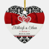 Rood, Zwart, Wit Damast Liefde Harten Bruiloft Keramisch Ornament (Voorkant)