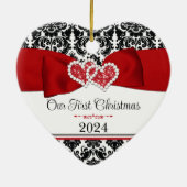 Rood, Zwart, Wit Damast Liefde Harten Bruiloft Keramisch Ornament (Achterkant)