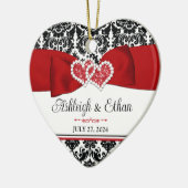 Rood, Zwart, Wit Damast Liefde Harten Bruiloft Keramisch Ornament (Links)