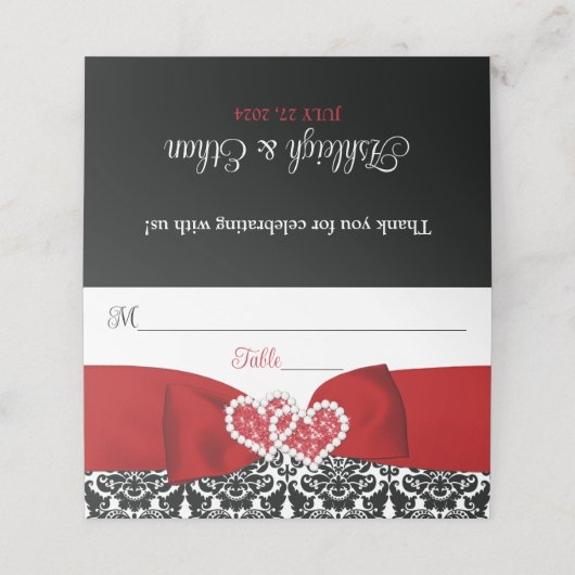Rood, Zwart, Wit Damast Liefde Harten Bruiloft Plaatskaartje (Buitenkant ongevouwen)