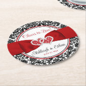 Rood, Zwart, Wit Damast Liefde Harten Bruiloft Ronde Kartonnen Onderzetter (Gebogen)